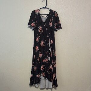Charming Black and Pink Floral Kids High Low Dress